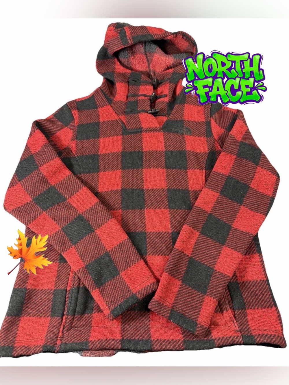 The North Face Womens M Fleece Buffalo Plaid Hoodie Red Black Toggle Closure Top